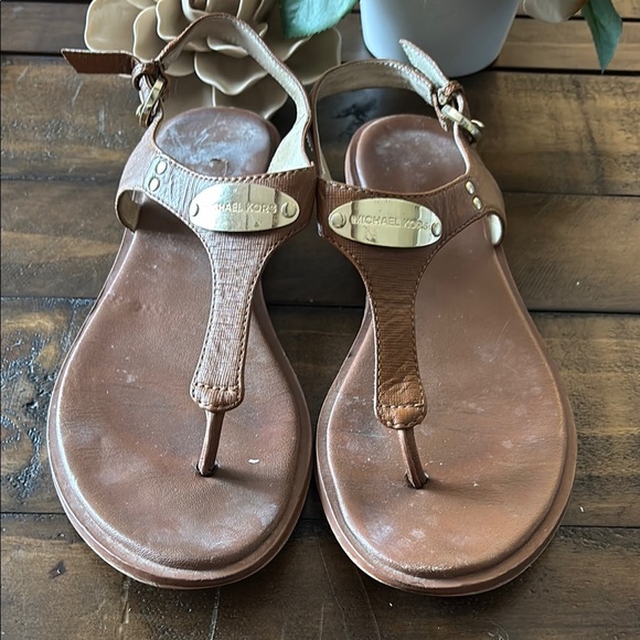 Michael Kors Tan Leather Sandals with Gold Details - Picture 1 of 6
